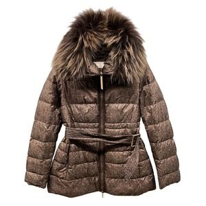 Jinteok for Francoise Down Puffer Coat Womens M Brown Belted Fur Hood Romania